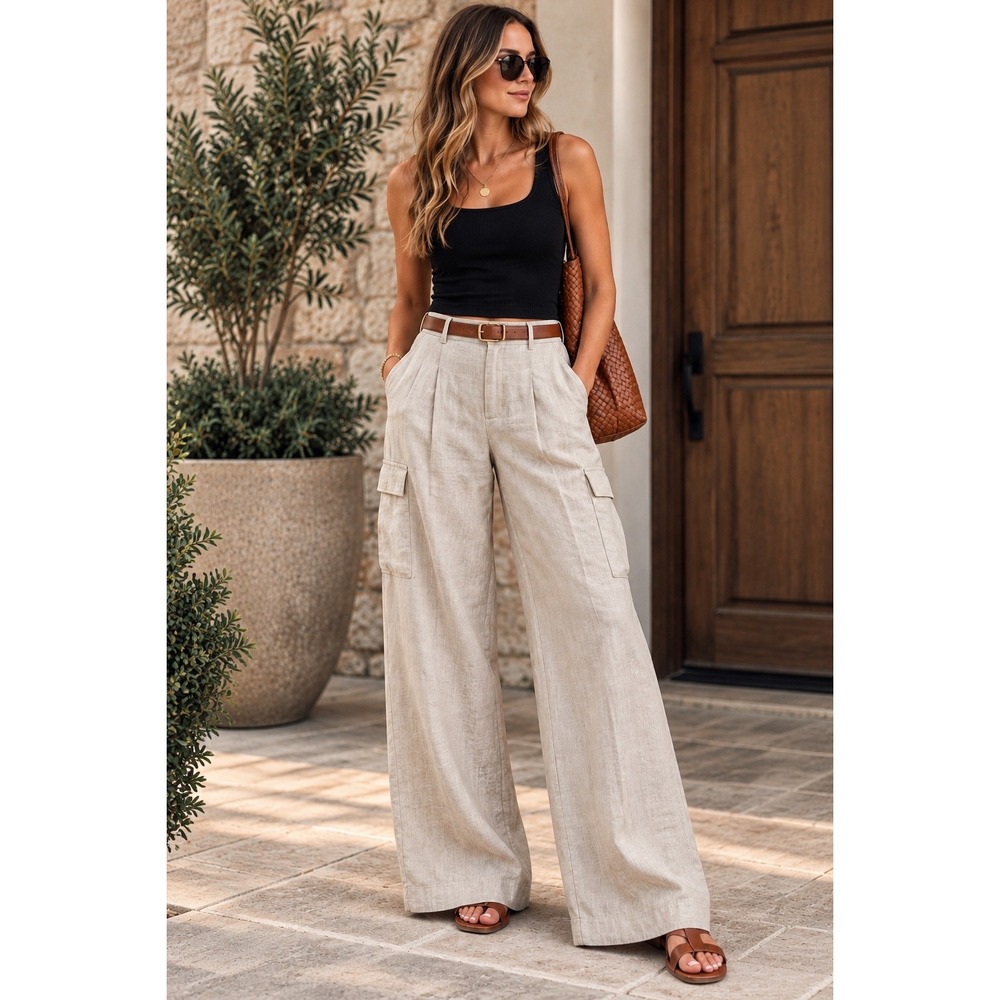 Abercrombie & Fitch Linen Cargo Wide Leg Pants Minimalist Cream Tan Sz S Tall